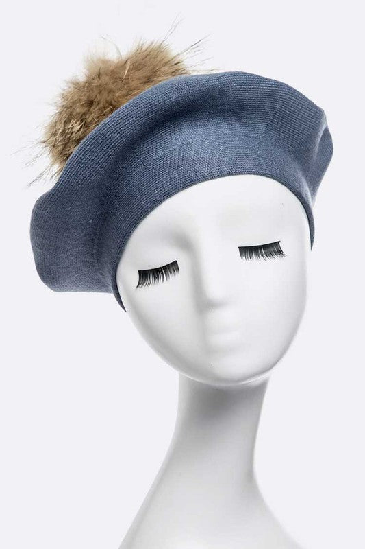 Genuine Fur Pom Cashmere Beret