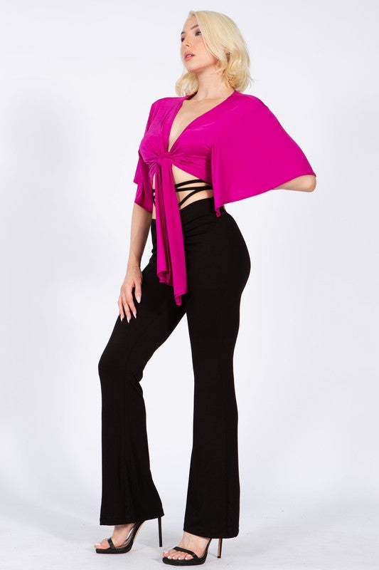 Batwing Sleeve Knot Front Crop Blouse