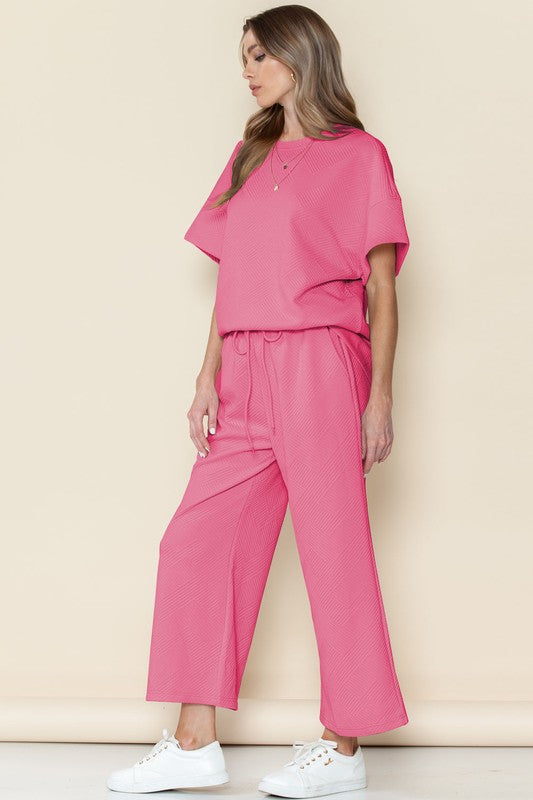 Textured T Shirt and Drawstring Pants Set