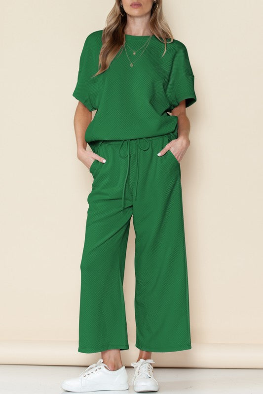 Textured T Shirt and Drawstring Pants Set