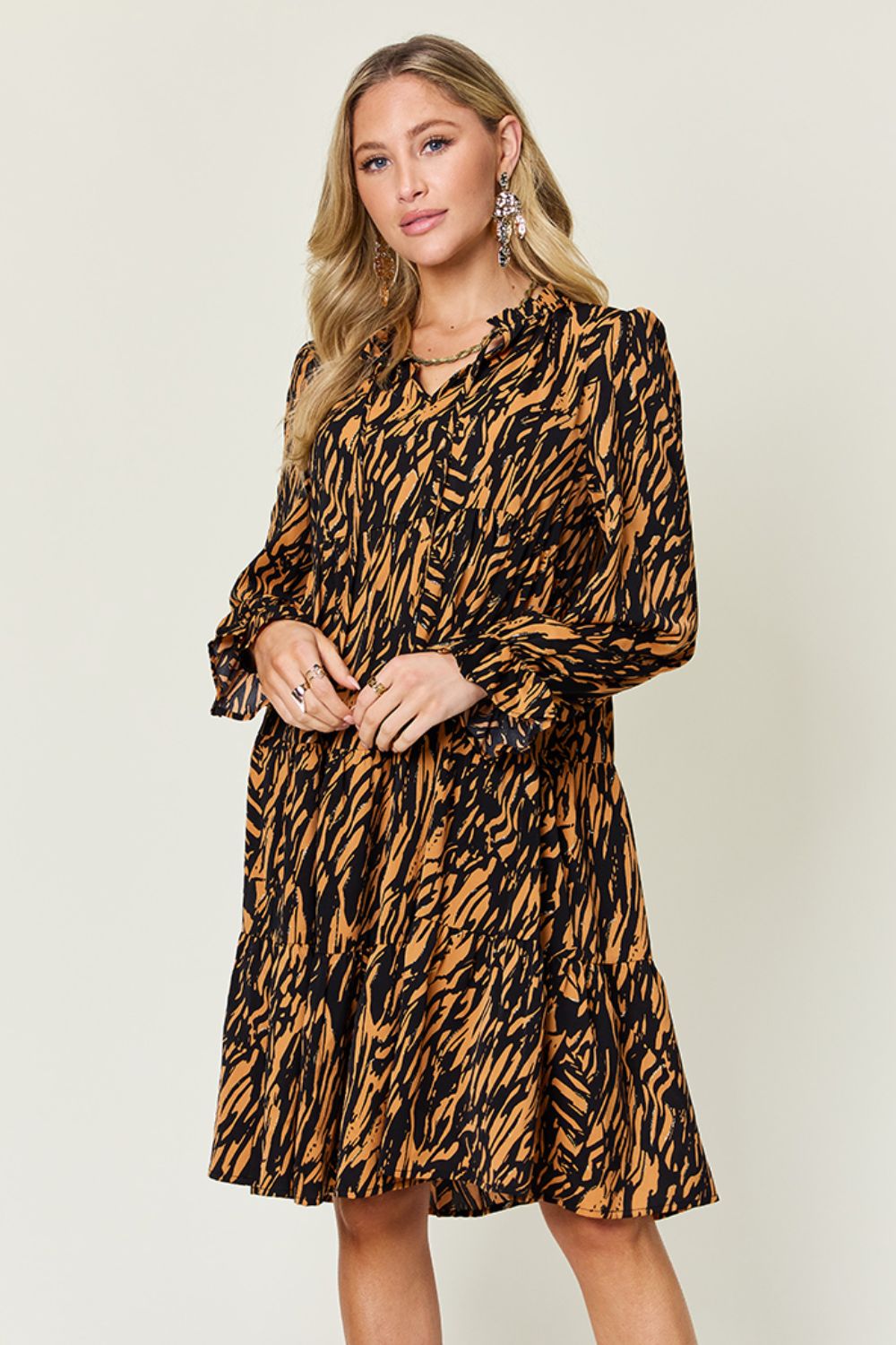 Double Take Full Size Printed Ruffle Hem Long Sleeve Dress