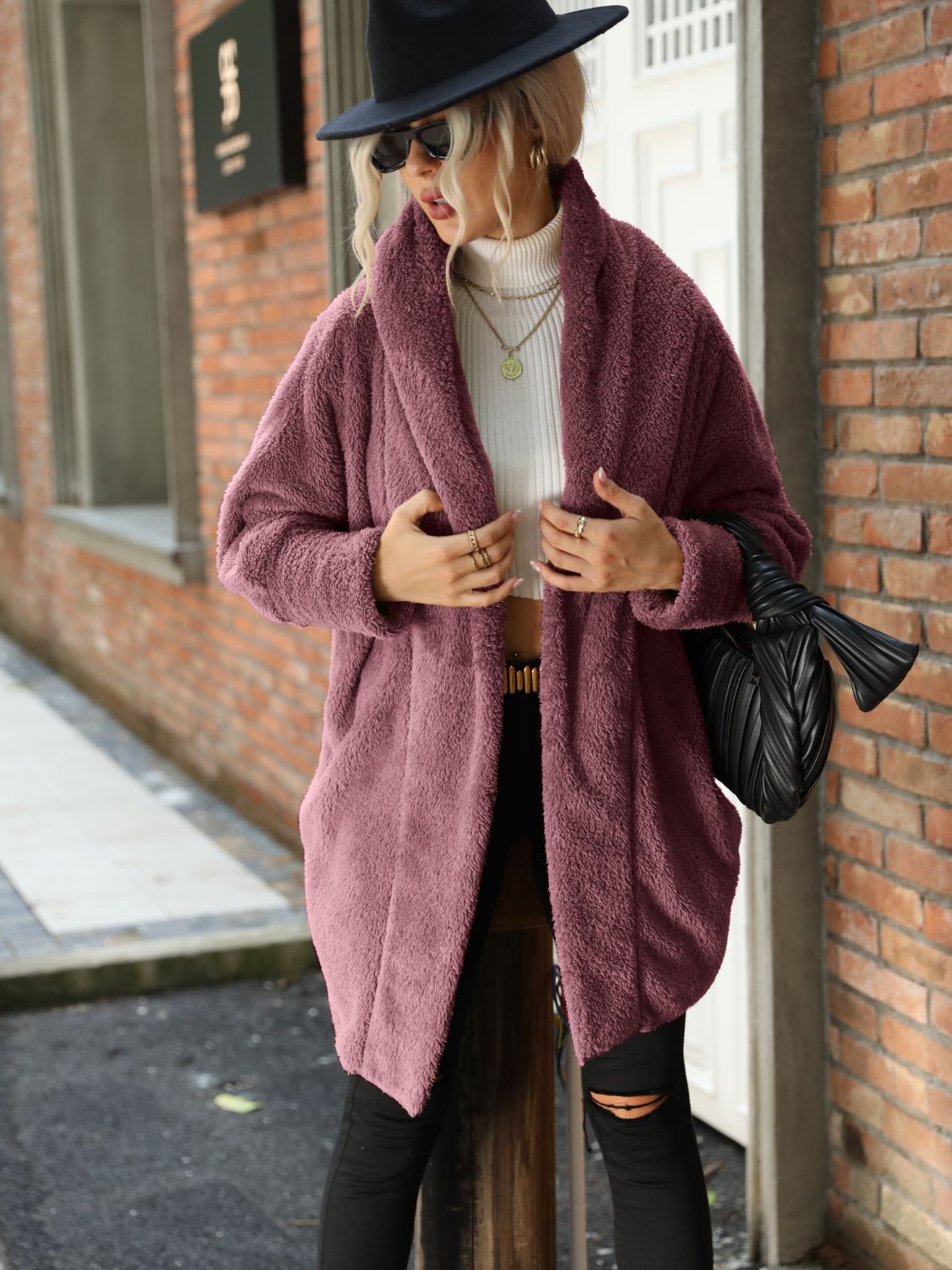 Open Front Hooded Teddy Coat