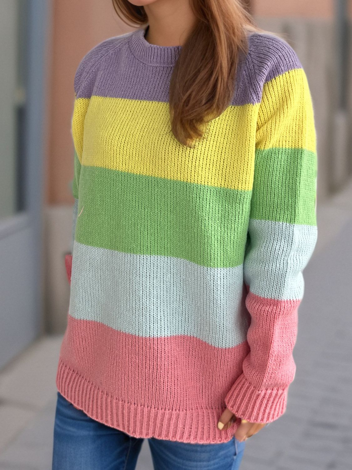 Color Block Round Neck Long Sleeve Sweater