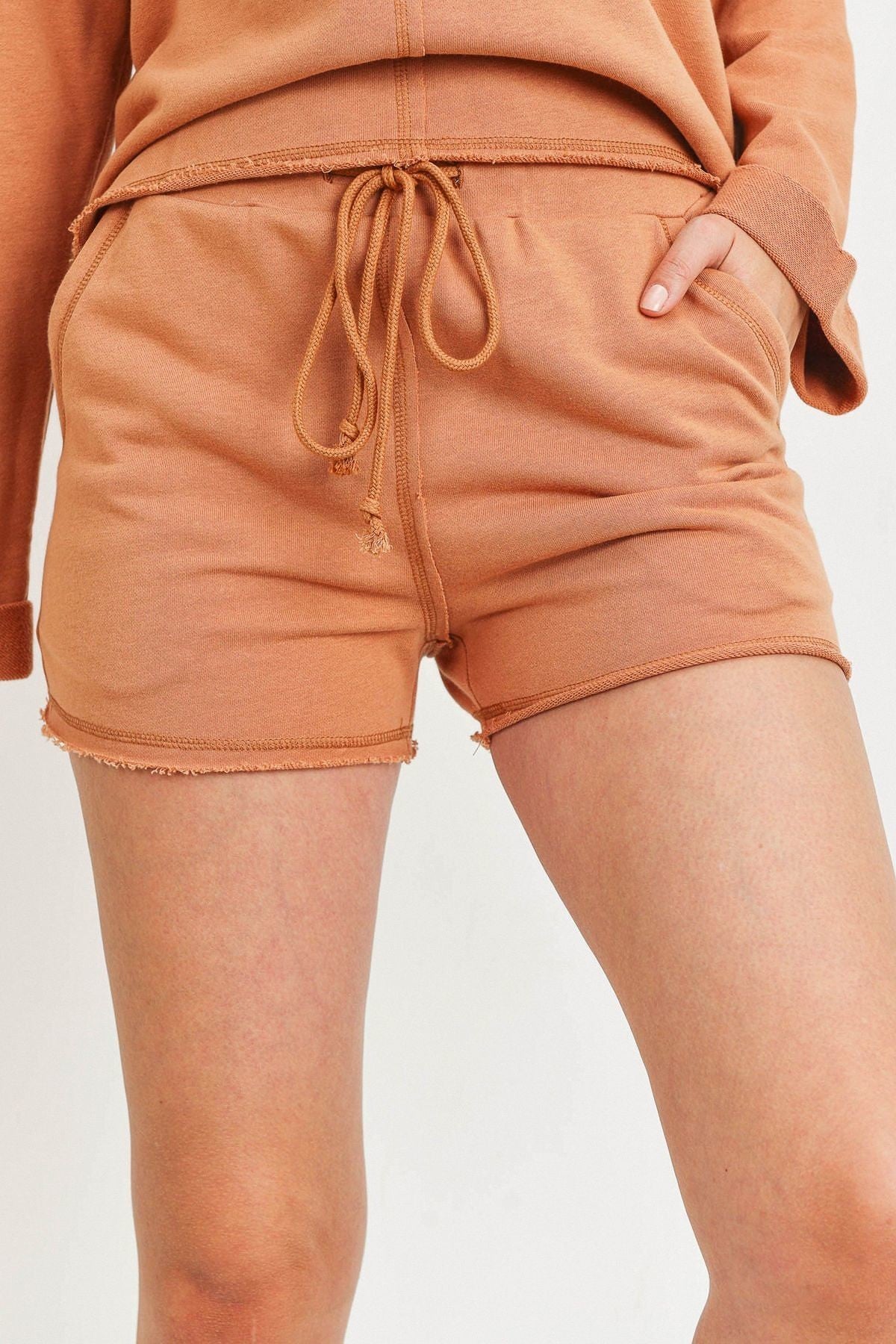 Solid French Terry Waist String With Raw Bottom Hem Shorts