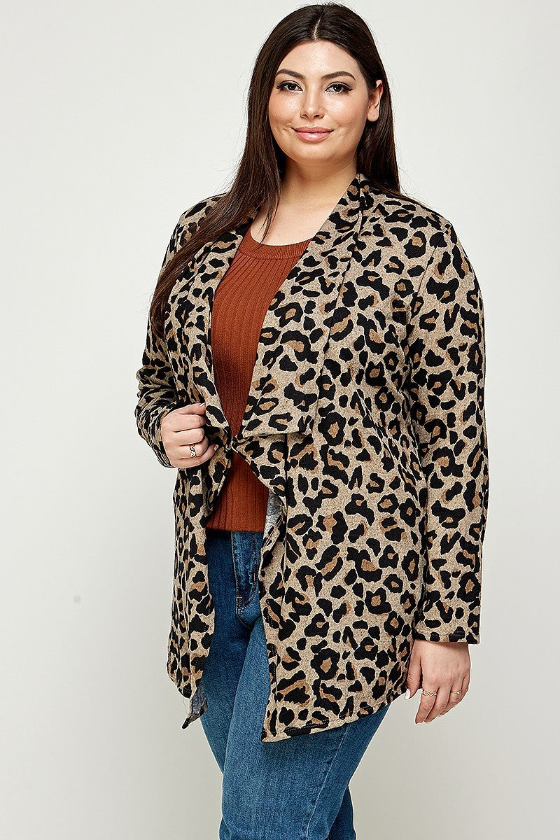 Plus Size, Animal Leopard Printed Knit Cardigan