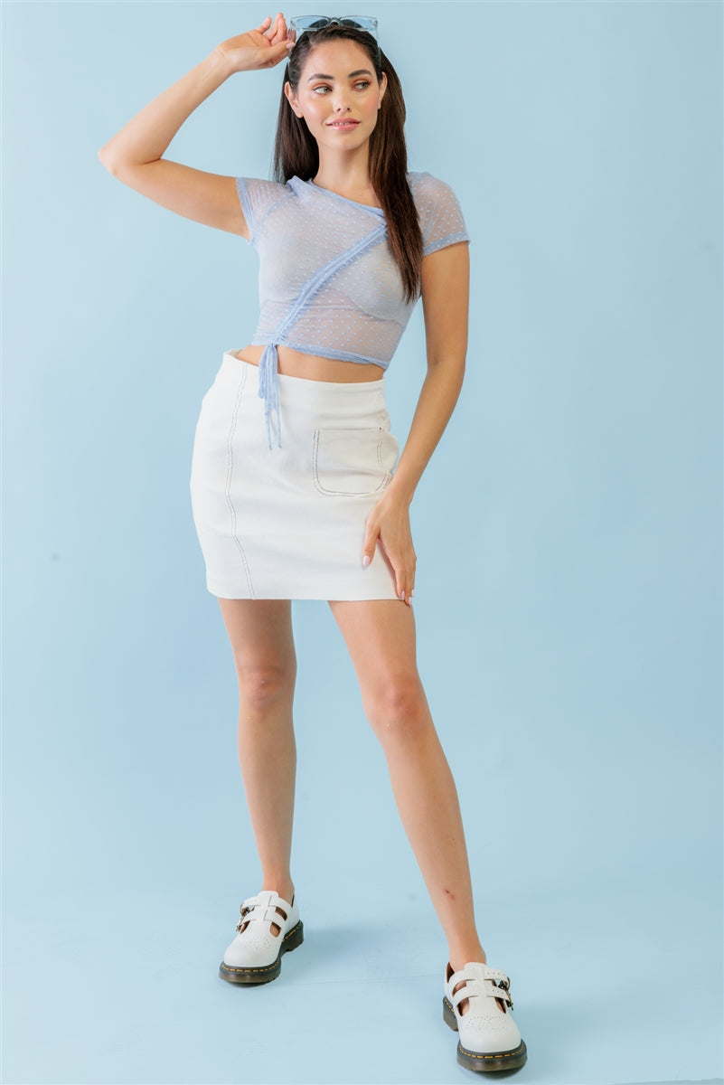 Light Blue Polka Dot Print Sheer Mesh Ruched Front Detail Crop Top